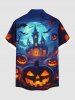 Plus Size Halloween Pumpkin Lantern Bat Moon Castle Print Buttons Pocket Shirt For Men -  