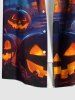Plus Size Halloween Pumpkin Lantern Bat Moon Castle Print Buttons Pocket Shirt For Men -  