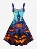Plus Size Halloween Pumpkin Lantern Bat Moon Castle Print Tank Dress -  