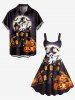 Robe débardeur grande taille avec chapeau d'Halloween, citrouille, fantôme, chauve-souris, arbre, château imprimé - Orange 2X