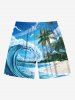 Plus Size Coconut Tree Sea Waves Beach Print Hawaii Drawstring Pocket Beach Shorts For Men -  