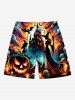 Plus Size Pumpkin Wizard Bat Castle Print Halloween Drawstring Pocket Beach Shorts For Men - Orange 8XL