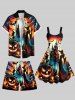Plus Size Pumpkin Wizard Bat Castle Print Halloween Drawstring Pocket Beach Shorts For Men - Orange 8XL