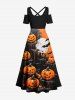Plus Size Pumpkin Bat Moon Print Halloween Cold Shoulder Crisscross A Line Maxi Dress -  