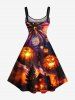 Plus Size Pumpkin Fireworks Galaxy Tree Castle Print Halloween A Line Tank Dress -  