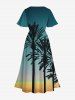 Plus Size Coconut Tree Ombre Sky Print Hawaii Split Pocket A Line Midi Dress -  