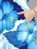Plus Size Tropical Leaf Hibiscus Flower Print Hawaii Split Pocket A Line Midi Dress -  