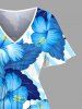 Plus Size Tropical Leaf Hibiscus Flower Print Hawaii Split Pocket A Line Midi Dress -  
