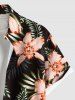 Plus Size Tropical Leaf Hibiscus Flower Print Hawaii Button Pocket Shirt For Men -  