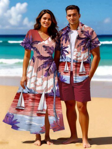 Coconut Tree Sea Sailboat Mountain Cloud Print Plus Size Matching Hawaii Beach Outfit For Couples