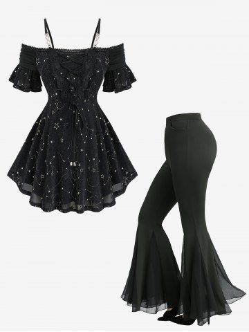 Stars Stamping Lace-up Cold Shoulder Top and Sheer Mesh Patchwork Ruffles Flare Pants Plus Size Outfit