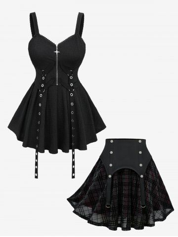 Straps Grommets Lace Trim Star Zipper Plisse Tank Top and Silver Flocking Plaid Skirt Plus Size Outfit - BLACK