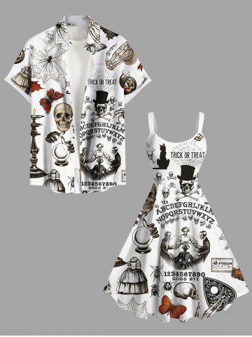 Halloween Spider Web Skulls Butterfly Cat Maple Leaf Print Plus Size Matching Outfit For Couples - WHITE