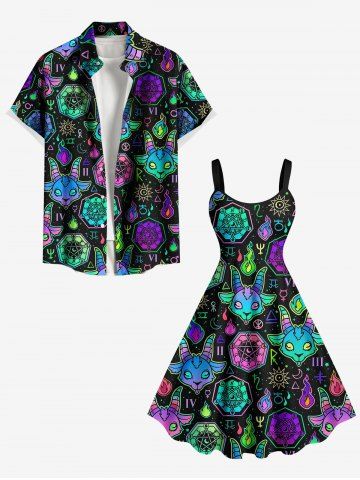 Halloween Sheep Head Galaxy Fireflame Sun Moon Print Plus Size Matching Outfit For Couples - BLACK