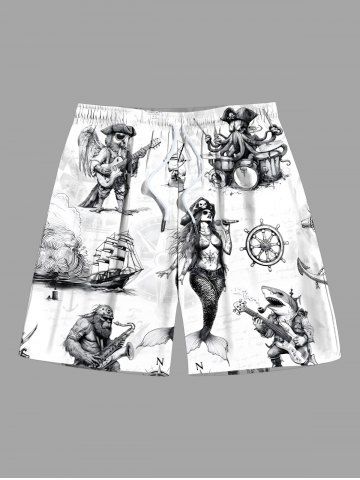 Plus Size Sea Waves Ship Rudder Mermaid Shark Octopus Band Print Hawaii Beach Shorts For Men - WHITE - 5XL