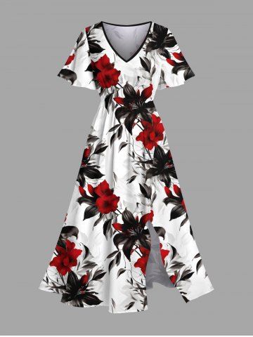 Plus Size Flowers Leaf Print Split Hawaii Midi Dress - WHITE - XXS