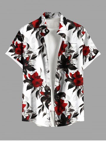 Plus Size Flowers Leaf Print Buttons Pocket Hawaii Shirt For Men - WHITE - 5XL