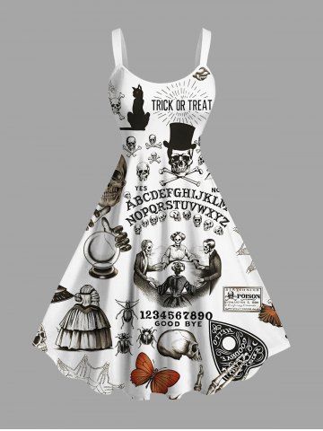 Plus Size Halloween Spider Web Skulls Butterfly Cat Maple Leaf Print Tank Dress - WHITE - 6X