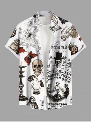 Plus Size Halloween Spider Web Skulls Butterfly Cat Maple Leaf Print Buttons Pocket Shirt For Men - WHITE - 6XL