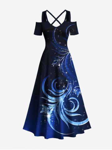 Plus Size Floral Pattern Glitter 3D Print Cold Shoulder Crisscross Hawaii Maxi Dress - BLUE - 6X