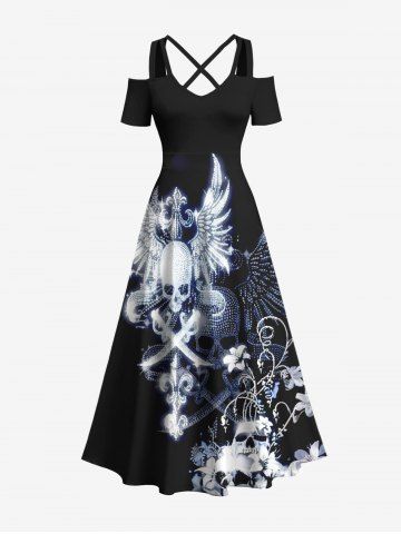 Plus Size Halloween Skulls Wings Flowers Print Cold Shoulder Crisscross Maxi Dress - BLACK - XXS