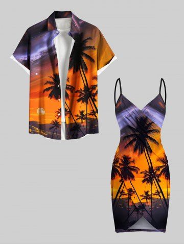 Coconut Tree Ombre Sunset Print Plus Size Matching Hawaii Beach Outfit For Couples - ORANGE