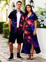 Flowers Glitter 3D Print Plus Size Matching Hawaii Beach Outfit For Couples -  