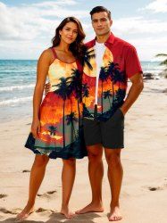 Coconut Tree Ombre Sunset Moon Print Plus Size Matching Hawaii Beach Outfit For Couples -  