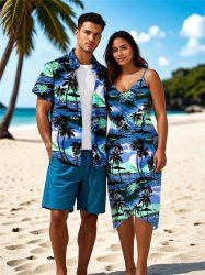 Tenue de plage hawaïenne assortie grande taille à imprimé cocotier et hibiscus pour couple - Bleu 