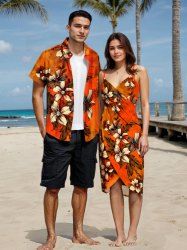 Tenue de plage hawaïenne assortie grande taille à imprimé feuilles et fleurs d'hibiscus pour couples - Orange 