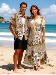 Flowers Leaf Print Plus Size Matching Hawaii Beach Outfit For Couples -  
