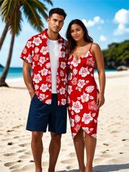 Tenue de plage hawaïenne assortie grande taille à imprimé feuilles tropicales et fleurs d'hibiscus pour couples - Rouge 