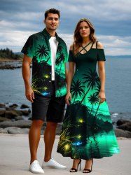Coconut Tree Mountain Ombre River Glitter 3D Print Plus Size Matching Hawaii Beach Outfit For Couples -  