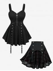 Gothic Straps Grommets Lace Trim Star Zipper Plisse Tank Top and Silver Flocking Plaid Skirt Plus Size Outfit -  