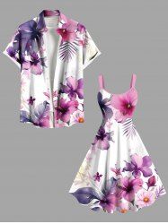 Tenue de plage hawaïenne assortie grande taille avec imprimé aquarelle de fleurs d'hibiscus et de feuilles tropicales pour couples - Blanc 
