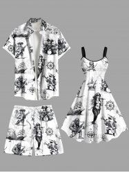Tenue de plage hawaïenne assortie grande taille pour couples, motif vagues, gouvernail, sirène, requin, poulpe, bandeau, imprimé croisière - Blanc 