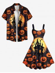 Halloween Pumpkin Moon Bat Castle Print Plus Size Matching Outfit For Couples -  