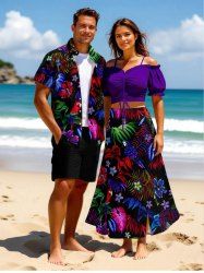 Ombre Tropical Leaf Hibiscus Flower Parrot Print Plus Size Matching Hawaii Beach Outfit For Couples -  