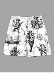 Plus Size Sea Waves Ship Rudder Mermaid Shark Octopus Band Print Hawaii Beach Shorts For Men -  