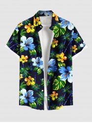 Chemise hawaïenne grande taille à imprimé fleurs d'hibiscus et feuilles tropicales, avec poches et boutons, pour homme - Noir S