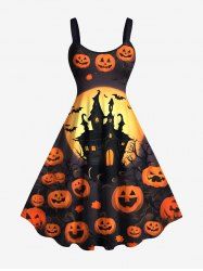 Plus Size Halloween Pumpkin Moon Bat Castle Print Tank Dress -  