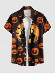 Plus Size Halloween Pumpkin Moon Bat Castle Print Buttons Pocket Shirt For Men -  