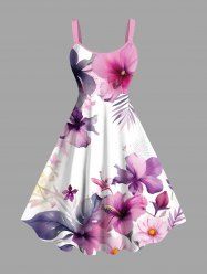Plus Size Hibiscus Flowers Tropical Leaf Watercolor Print Hawaii Tank Dress -  