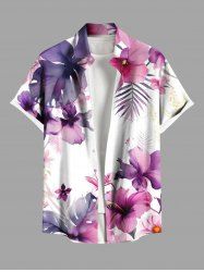 Plus Size Hibiscus Flowers Tropical Leaf Watercolor Print Buttons Pocket Hawaii Shirt For Men -  