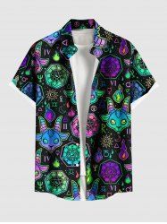 Plus Size Halloween Sheep Head Galaxy Fireflame Sun Moon Print Buttons Pocket Shirt For Men -  