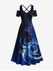 Robe longue hawaïenne grande taille à imprimé floral pailleté 3D, épaules dénudées et croisée - Bleu 6X