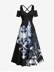 Plus Size Halloween Skulls Wings Flowers Print Cold Shoulder Crisscross Maxi Dress -  