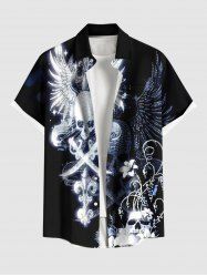 Chemise grande taille pour homme, avec boutons et poches, imprimé tête de mort, ailes et fleurs, pour Halloween - Bleu de Minuit M
