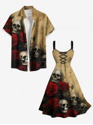 Halloween Distressed Skull Rose Flower Print Plus Size Matching Outfit For Couples -  