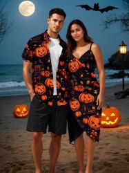 Tenue assortie grande taille pour couple, motif citrouille, lanterne et maison, pour Halloween - Noir 